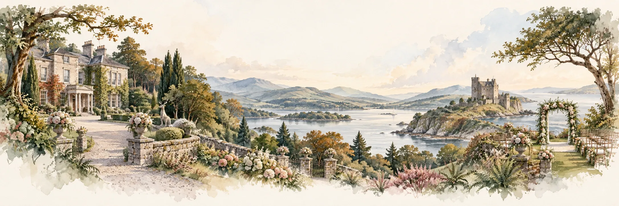 Watercolour panorama of an imagined Irish country estate, lake and coastal garden